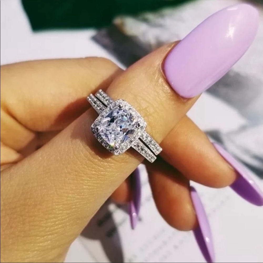 CUSHION CUT 925 STERLING SILVER DIAMOND RING Set - Picture 3 of 5